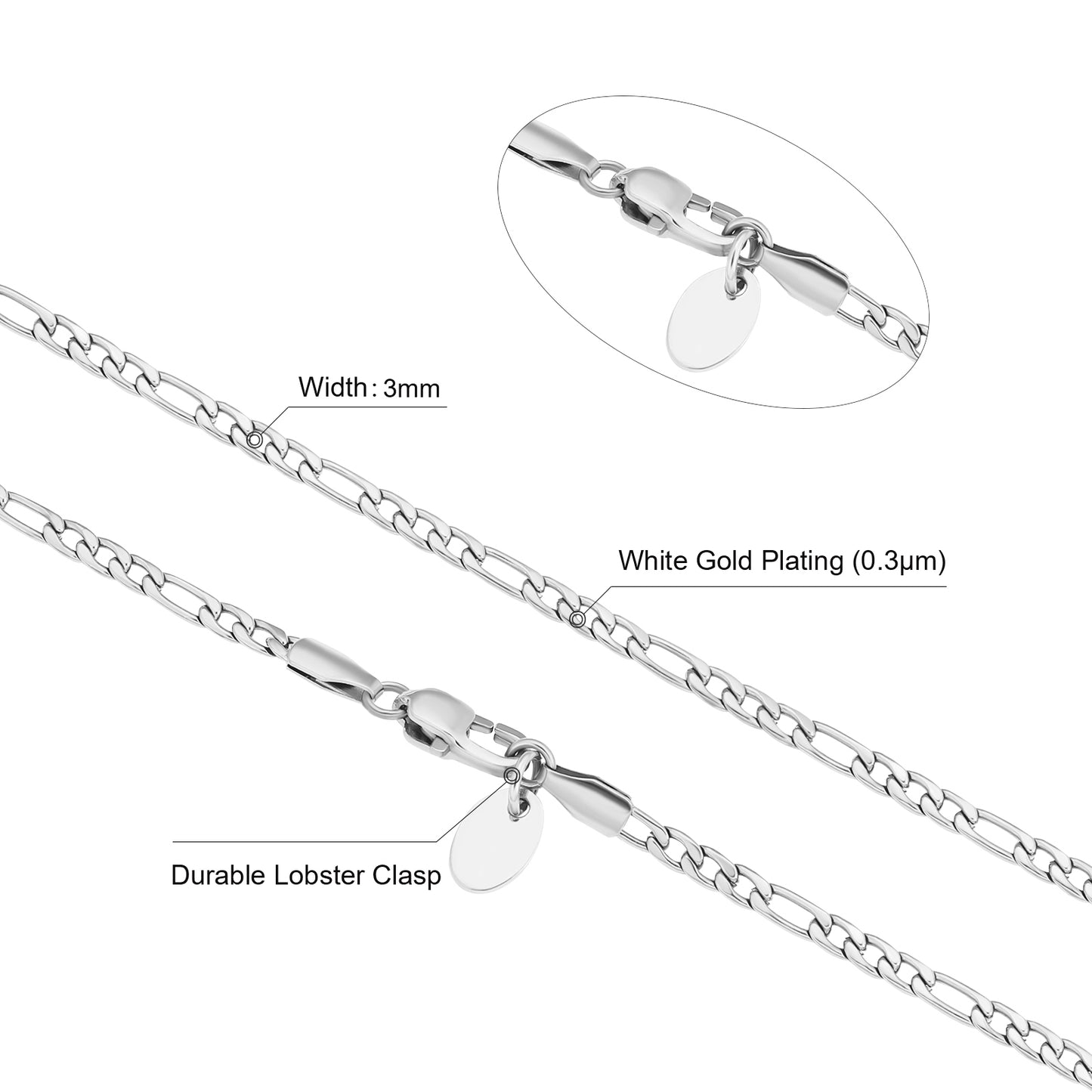 3mm Figaro Micro Chain Necklace in White Gold