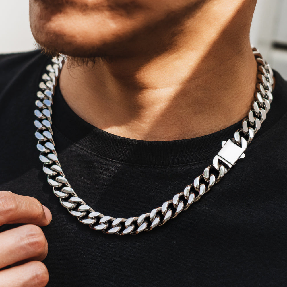 12mm Curb Link Cuban Chain Necklace in White Gold