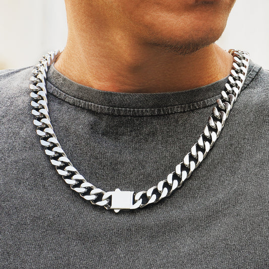 12mm Curb Link Cuban Chain Necklace in White Gold