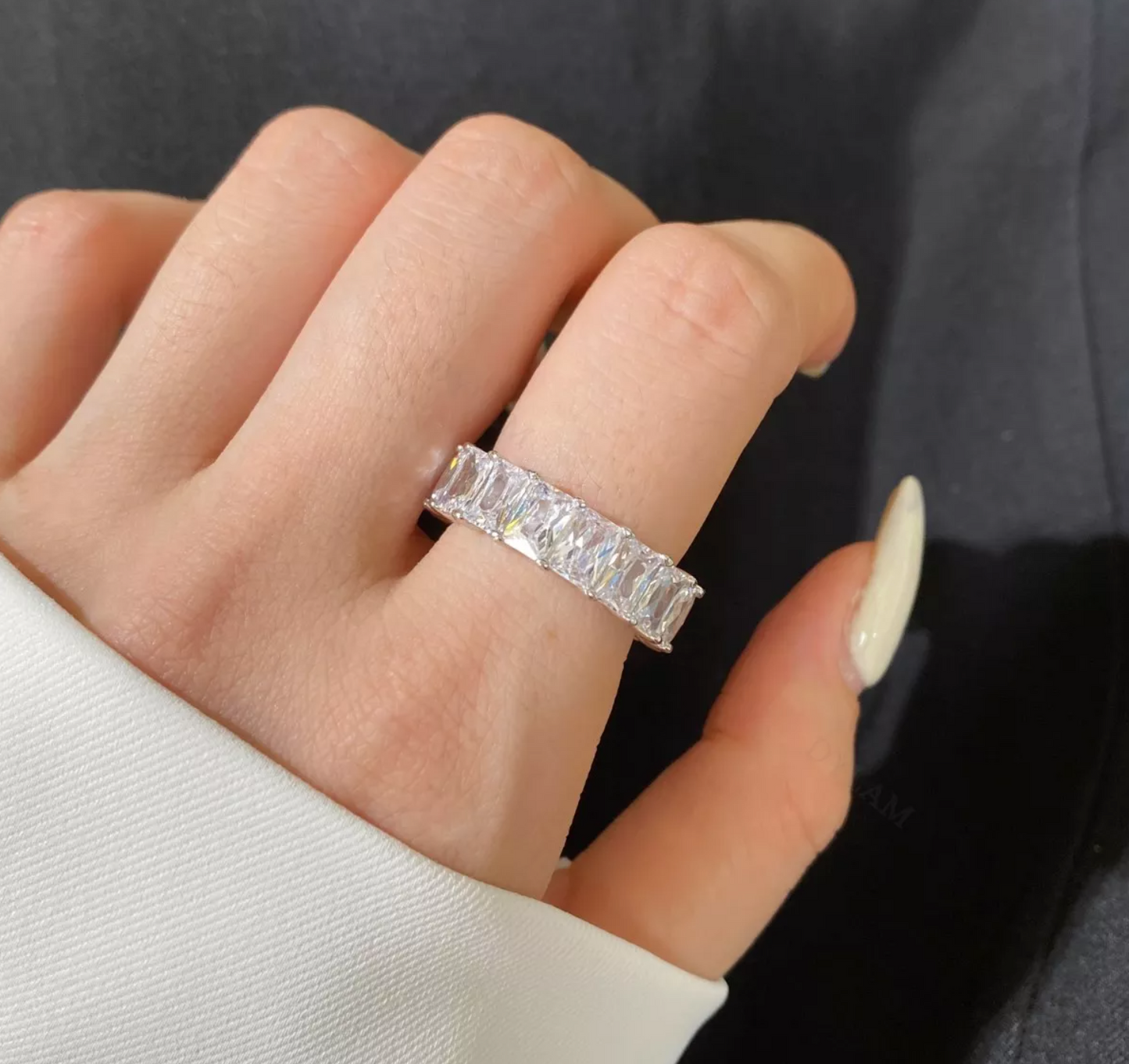 PG Radiant Emerald Cut CZ Eternity Band in Silver